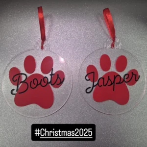 Personalised Flat Christmas Bauble Design With Pet Paw Print